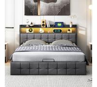 Belupai - Cama doble acolchada con somier, 140 x 200 cm, cama con baúl LED y USB, cabecera de camas AVCE estantes abiertos, almacenamiento, cama para adultos y adolescentes, color gris (sin colchón)
