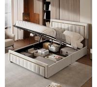 belupai - Cama Doble Acolchada con somier de láminas, Marco de Cama Moderno para Adultos para 2 Personas con Almacenamiento bajo, cabecera de Camas tufado Vertical(Beige, 140 x 200cm)