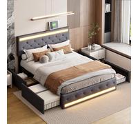 belupai Cama doble de 140 x 190 cm con puerto USB e iluminación LED, cama tapizada con 4 cajones de hierro, cabecero ajustable, cama de almacenamiento con somier, tela de lino, gris oscuro