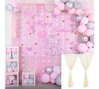 belupai Cortinas de arco de boda con luces LED, 1 par de cortinas de fondo de fotografía de 9 pies, cortina de telón de fondo de hilo para boda, arco de ceremonia, decoración de fiesta (rosa)