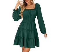 Beluring Vestidos Mujer Elegante Cuello Cuadrado Mini Vestido Manga Larga Línea A Swing Vestido Blusa con Bolsillos, verde oscuro, S