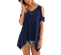 BeLuring Women's Cold Shoulder Top V-Neck Cut out Loose Fit Top T-Shirt, Azul Marino M