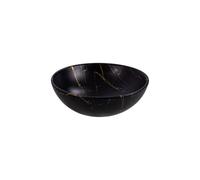 Belvit Alenta Lavabo de cerámica redondo, sin orificio para grifo, sin rebosadero, montaje superior, incluye desagüe de clic, aspecto de mármol, diseño moderno, mármol negro y dorado, 38 x 13 cm