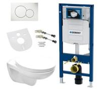 Belvit Inodoro colgante completo sin bordes, color blanco, con asiento de cierre suave, inodoro de pared con elemento de pared UP320, placa de pulsador Sigma, color blanco, anclaje de pared