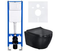 Belvit Inodoro de pared completo sin bordes en forma de D, con bidé, función Taharet, elemento de pared esquina, asiento de cierre suave, 2 cantidades de placa pulsador, aislamiento acústico, 33 x 35