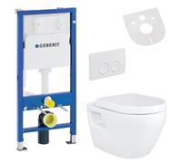 Belvit Juego completo de inodoro colgante + elemento de pared Duofix Basic + inodoro de pared sin borde blanco de cerámica + tapa de inodoro con descenso automático + placa de accionamiento +