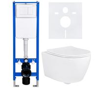 Belvit Juego completo de inodoro de pared, sin bordes, en forma de D, con función de bidé, juego de inodoro Taharet, elemento de pared esquina, asiento de cierre suave, 2 cantidades de placa pulsador