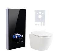 Belvit Juego completo de inodoro en forma de D, módulo sanitario de cristal negro, cierre suave, color blanco