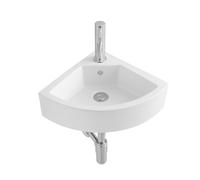 Belvit Lavabo esquinero de cerámica 32,5 x 32,5 x 13 cm, lavabo de mano para baño de invitados, lavabo de esquina con agujero para grifo y rebosadero, lavabo colgante de pared para baño pequeño, color