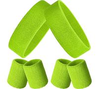 Bememo Juego de Bandas para el Sudor, Cinta Deportiva y muñequeras para el Sudor, de algodón, para Hombres y Mujeres (Verde Fluorescente, 6 Unidades)