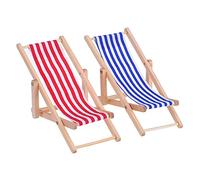 Bememo Silla de playa de madera plegable en miniatura con rayas rojas y azules para interiores y exteriores (Paquete de 2)