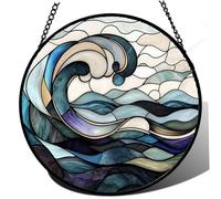 Bemonew Atrapasueños para ventana de interior, para colgar ventanas, vidrieras con diseño de olas del océano con cadena de metal, atrapasueños de arte espiritual de 7.9 pulgadas para interiores