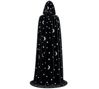 Bemonew Capa de mago con patrón de estrella y luna, capa de mago de terciopelo con capucha para cosplay de Halloween, color negro