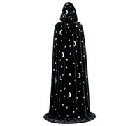 Bemonew Capa de mago de mago con patrón de estrella y luna, capa de terciopelo con capucha para cosplay de Halloween, color negro