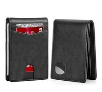 BEN & JANE Cartera de cuero plegable para hombre, delgada, minimalista y elegante | Carteras de cuero con capa de bloqueo RFID | Ventana de identificación y compartimentos para AirTag, Negro -,