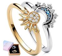 Benaton 2 Piezas Anillos Mujer Brillante Sol y Luna Anillos a Juego Superpuesto, Conjunto de Anillos de Sol y Luna Selestiales de Promesa de Amistad Regalo para Sus Mujeres (Con caja de regalo)