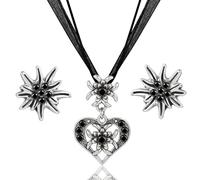 Benaton 3 Piezas Bávaras con Colgante de Corazón de Edelweiss Diamantes de Imitación y Aretes de Edelweiss, Collar Edelweiss para Mujer Accesorios Traje para Oktoberfest(negro)