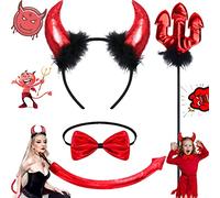 Benaton 4 Piezas Kit de diadema de diablo con purpurina y bastón rojo, Accesorios de Disfraz de Diablo para Carnaval, Disfraz de Diablo de Carnaval para Mujer, Conjunto de Cuernos de Diablo Rojo