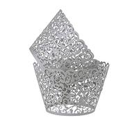 Benbilry - Juego de 50 envoltorios para cupcakes artísticos para tartas de papel cortados con láser para decoración de bodas y fiestas de cumpleaños (gris)