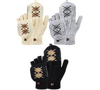 Bencailor 3 Pares Guantes sin Dedos Convertibles Cálidos de Punto Unisex (Negro, Gris, Beige, Patrón Rombo)