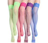 Bencailor 4 Pares Medias de Red Muslo de Encaje Silicona sobre Rodilla Transparentes Sedosas(Azul, Verde, Rosa, Púrpura,L)