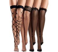 Bencailor 4 Pares Medias de Red Muslo de Encaje Silicona sobre Rodilla Transparentes Sedosas (Negro Encantador, M)
