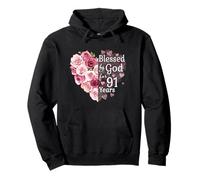 Bendecido por Dios Durante 91 años con Forma de corazón de Rosa, 91 cumpleaños Sudadera con Capucha