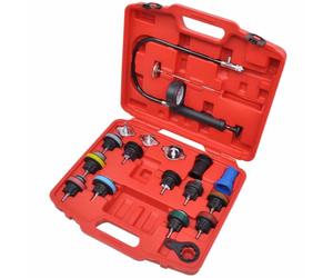 Bendmaxx Juego de 18 herramientas de prueba de presión para radiadores de acero cromado y aluminio con manómetro, conector rápido, tapones de prueba de colores, para coche, moto, taller, reparación