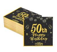 BENECREAT 120 servilletas negras y doradas de 50 cumpleaños, servilletas de cóctel de 330 x 330 mm, servilletas de papel desechables para decoraciones de cumpleaños, celebración de hitos y eventos