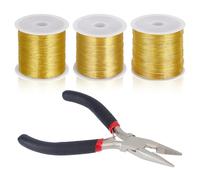 BENECREAT 300 m, 3 rollos de alambre de cobre chapado en oro de 18 K para la creación de joyas, hilo artesanal con diámetro 0,2/0,3/0,4 mm con pinzas de punta plana, 100 m/rollo