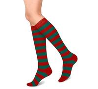 Benefeet Sox Calcetines hasta la rodilla a rayas para mujer, divertidos, atléticos, coloridos, a rayas, lindos, calcetines de tubo, rojo, verde (Red Green Stripe), Talla única