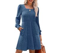 Beneficiak - Vestido de otoño de manga larga con cuello cuadrado para mujer, vestido casual tipo babydoll, vestido acampanado con cuello cuadrado y bolsillos, azul, M