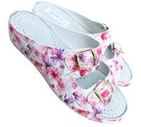 Benessere del tuo piede Chanclas mujer confort LOVE CRISTINA verano de tela doble hebilla de ajuste zapatillas ligeras vegan friendly, Flores Fuxia, 39 EU