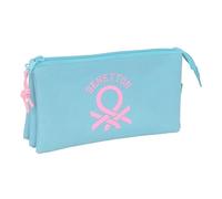 BENETTON BASICS CELESTE - Portatodo Triple, Estuche Infantil, Estuche Niño, Ideal para Niños en Edad Escolar, Cómodo y Versátil, Calidad y Resistencia, 22x3x12 cm