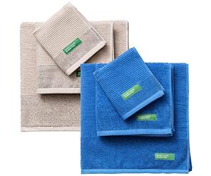 Benetton Pack de 2 - Set de 3 Toallas de Baño, Cada Uno en Color Azul y Otras en Beige