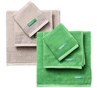 Benetton Pack de 2 - Set de 3 Toallas de Baño, Cada Uno en Color Verde y Otras en Beige