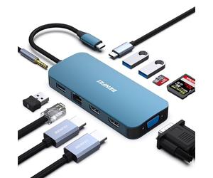 BENFEI Docking Station USB C MST 11 en 1, para Computadora Portátil con Cable de Diseño Tejido de Silicona, Hub USB-C a 2*HDMI/1*VGA, 3*USB 3.0/Lector de Tarjetas TF/SD, Ethernet/PD 100W/Audio 3,5mm