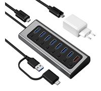 BENFEI Hub USB 3.0 Activo con alimentación, Distribuidor USB de 7 Puertos con Carga BC 1.2, Cargador GAN de 45 W con 1 Salida USB-A y 1 USB-C, interruptores Individuales y Cable de 1,2 m