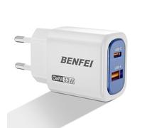 BENFI Cargador de Pared USB C GAN 33W, Bloque de Cargador Rápido de 2 Puertos para iPhone 16/15 Series, Galaxy S25/S24, iPad Pro, Steam Deck y Más