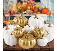 Benjia Calabazas Decorativas de Otoño para Halloween, Festival de la Cosecha y Decoracion - Calabazas Falsas de Espuma Blanco y Dorado, Grandes y Pequeñas para Exteriores 16 Piezas