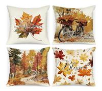 Benjia Juego de 4 Fundas Cojin Otoño 40x40 cm, Acuarela Bicicleta Hoja de Arce Bosque Fundas de Almohada día de Gracias Halloween sofá Decoración Hogar 40 x 40 cm Decorativa de Almohada de Vacaciones