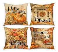 Benjia Juego de 4 Fundas Cojin Otoño 40x40 cm, Acuarela Calabaza Camión Flor Fundas de Almohada día de Gracias Halloween sofá Decoración Hogar 40 x 40 cm Caja Decorativa de Almohada de Vacaciones