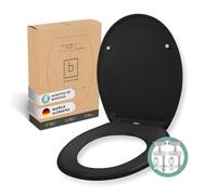 BENKSTEIN Asiento de inodoro premium antibacteriano ovalado negro - Tapa de inodoro de duraplástico con función de liberación rápida y cierre suave automático - Asiento de inodoro desmontable de acero