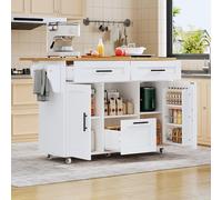 BENMWS Carrito de cocina 120 x 71 x 90 cm, estilo nórdico moderno con ruedas universales de 360°, estantería de almacenamiento con cajones y barra para toallas, bandeja plegable y cierre de resorte
