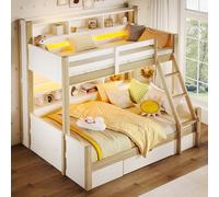 BENMWS Litera, 90x200cm+140x200cm, Escalera, Barandilla, Varios armarios abiertos, cajón, posición de escalera opcional, Sin colchón, Blanco+Natural