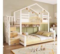 BENMWS Litera para niños, 90 x 200 cm, parte superior, 140 x 200 cm, con armario de escaleras, espacio de almacenamiento, estanterías, ascenso seguro, ideal como cama familiar y cama para hermanos