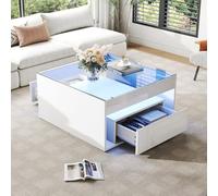 BENMWS Mesa de centro blanca 70 x 70 x 35 cm, mesa auxiliar con 2 cajones, mesa de sofá, mesa de café, mesa de salón con diseño calado, escritorio y mesa de comedor de cristal templado