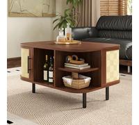 BENMWS Mesa de centro, forma curvada, superficie trenzada, cuerpo de MDF, asas metálicas, patas de metal, espacio de almacenamiento, nogal, mesa auxiliar, mesa de salón