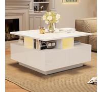 BENMWS Mesa de té de alto brillo, 4 cajones, diseño geométrico, 70 x 70 x 40 cm, salón, mesa de sofá, mesa de centro, mesa auxiliar, color blanco, capacidad de carga total 30 kg