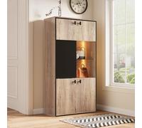 BENMWS Moderna combinación de armario en imitación de madera con estructura negra, 36 x 77,8 x 150 cm, puertas dobles superiores, puertas correderas medianas con estante abierto y compartimentos